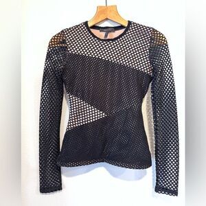 BCBGMaxAzria Black Openwork Mesh Long Sleeve Top